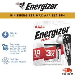 PIN ENERGIZER MAX AAA E92 BP4 – Pin Kiềm Chính Hãng, Bền Bỉ, Vỉ 4 Viên
