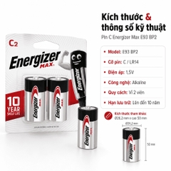 PIN ENERGIZER MAX C E93 BP2 - Pin Kiềm Alkaline, Vỉ 2 Viên