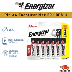 PIN ENERGIZER MAX AA E91 BP8+4 - Vỉ 12 viên, Chính Hãng , Siêu Bền, Chất Lượng Cao