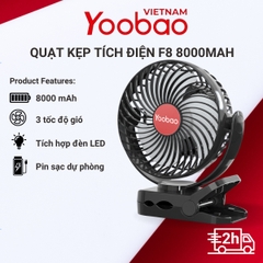 [8000mAh] Quạt kẹp tích điện 3in1 YOOBAO F8 dung lượng pin 8000mAh tích hợp đèn led, sạc dự phòng- bảo hành chính hãng
