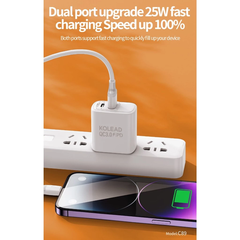 Củ sạc nhanh 2 cổng KOLEAD C89 công suất 25W sạc nhanh an toàn, 2 cổng USB - TypeC thích hợp với mọi loại thiết bị