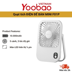 Quạt mini để bàn Yoobao F01P tích hợp pin sạc dung lượng 10000mAh Tuỳ chỉnh 3 cấp độ gió thời gian hoạt động lên tới 32h