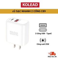 Củ sạc nhanh 2 cổng KOLEAD C89 công suất 25W sạc nhanh an toàn, 2 cổng USB - TypeC thích hợp với mọi loại thiết bị