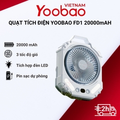 Quạt tích điện FD1 20000mAh Yoobao có 3 cấp độ gió, thời gian hoạt động tối đa lên đến 75 giờ, tích hợp đèn led