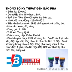 Đèn báo pha led phi 22mm 220V dùng trong tủ điện - Hộp 10 chiếc | DUBIC ELECTRIC | Màu Xanh - Đỏ - Vàng