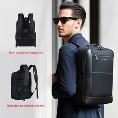 Balo doanh nhân phối da SAKOS Maestro laptop 15.6 inch - Mở 90 độ, chống thấm, cổng sạc USB, đai gài vali