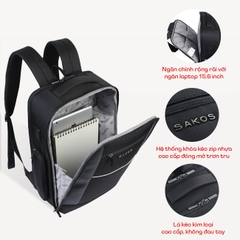 Balo doanh nhân phối da SAKOS Maestro laptop 15.6 inch - Mở 90 độ, chống thấm, cổng sạc USB, đai gài vali