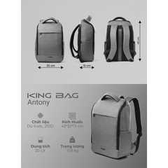 Balo laptop 15.6 inch KINGBAG Antony - Nhiều ngăn, nắp U zip, dung tích 20L, tối giản, gọn nhẹ, trượt nước