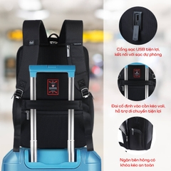 Balo doanh nhân phối da SAKOS Maestro laptop 15.6 inch - Mở 90 độ, chống thấm, cổng sạc USB, đai gài vali