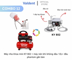 Combo12: Máy nha khoa mini 1 đầu dây tay khoan, 1 đầu hút nước bọt+máy nén khí+Phantom gắn bàn