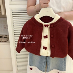 Áo len nơ 2 lớp đỏ mix trắng QC D. M20