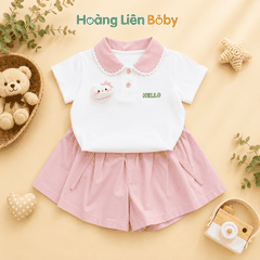 Bộ Polo Bé Gái Áo Trắng Kết Hợp Quần Giả Váy Hồng Cao Cấp Mềm Mát Size 10kg -28kg