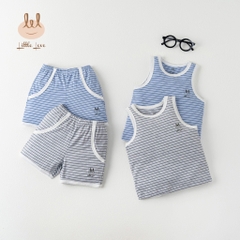 Little love - Bộ cộc tay 3 lỗ bé trai cotton 2 màu kẻ xanh + xám