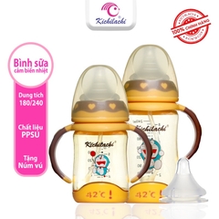 Bình Sữa Cho Bé Kichilachi 240ml Cổ Rộng, Cảm Biến Nhiệt Độ,chất Liệu Ppsu Có Quai Cầm ,núm Ty Siêu Mềm Cho Bé