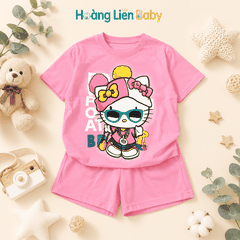 Bộ Cotton Bé Gái Hình Mèo Hello Kitty Màu hồng – Cotton Mềm Mát, Hình In Cách Nhiệt (Size 130–170)