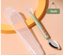 Thìa Nạo Hoa Quả 2 Đầu Tiện Lợi Kết Hợp Thìa Ăn Dặm Silicon Cho Bé (Tặng kèm hộp đựng)