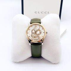 Gucci G-Timeless Silver Dial with Snake Gold Green Leather Unisex Watch