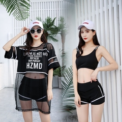 Bộ đồ bơi ba mảnh phối áo lưới năng động, che bụng kín đáo dành cho nữ