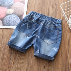 Quần short jean bé trai in hình ô tô lưng chun dây rút
