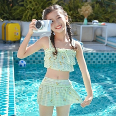 Bộ đồ bơi hai mảnh áo hai dây phối ren kiểu dáng dễ thương dành cho bé gái