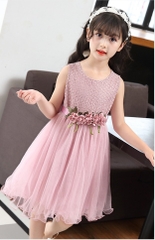 Đầm công chúa dáng phồng họa tiết hoa ở thắt lưng thời trang phong cách Hàn Quốc dành cho bé gái