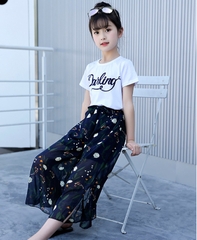 Quần ống rộng giả váy vải voan họa tiết hoa thời trang dành cho bé gái