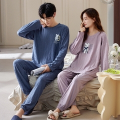 Đồ bộ dài tay cotton mát cổ tròn phối họa tiết dành cho nam