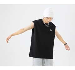 Áo thun unisex không tay thêu hình, vải waffle ghi lê kiểu mới