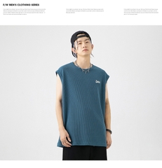 Áo thun unisex không tay thêu hình, vải waffle ghi lê kiểu mới