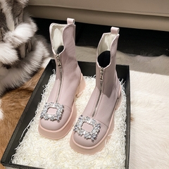 Giày boots Martin đế thấp, ống ngắn phối dây kéo phía trước