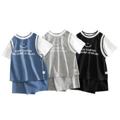 Bộ đồ cotton hai mảnh ngắn tay in chữ phong cách Hàn Quốc cho bé trai