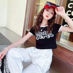 Áo thun vải cotton tay ngắn lưng cao in chữ thời trang dành cho bé gái
