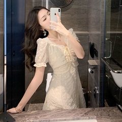 Đầm vải voan phối ren lưng cao kiểu dáng Pháp tươi mới ngọt ngào