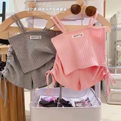 Bộ đồ hai dây áo co giãn phối quần ngắn thiết kế dây rút thời trang dành cho bé gái