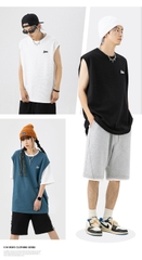 Áo thun unisex không tay thêu hình, vải waffle ghi lê kiểu mới