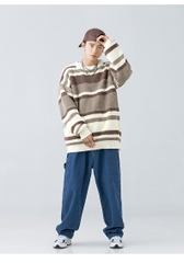 Áo len unisex kẻ sọc màu tương phản phong cách retro