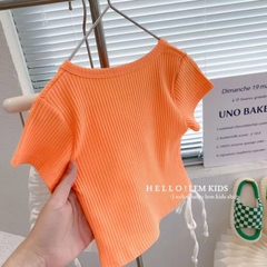 Áo thun co giãn tay ngắn lưng cao cổ hở chữ V dành cho bé gái