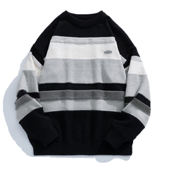 Áo len unisex kẻ sọc cổ tròn phong cách Nhật Bản retro hợp thời trang