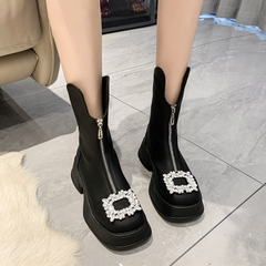 Giày boots Martin đế thấp, ống ngắn phối dây kéo phía trước