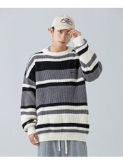 Áo len unisex kẻ sọc màu tương phản phong cách retro
