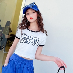 Áo thun vải cotton tay ngắn lưng cao in chữ thời trang dành cho bé gái