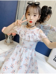 Đầm bé gái kiểu dáng mỏng hở vai phối ren phong cách Hàn Quốc dành cho bé gái