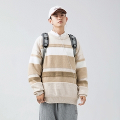Áo len unisex kẻ sọc cổ tròn phong cách Nhật Bản retro hợp thời trang