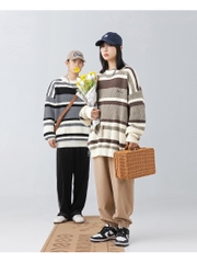 Áo len unisex kẻ sọc màu tương phản phong cách retro