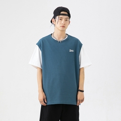 Áo thun unisex không tay thêu hình, vải waffle ghi lê kiểu mới