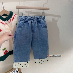 Quần jean ống rộng thiết kế lai quần màu sắc tương phản thời trang dành cho bé gái