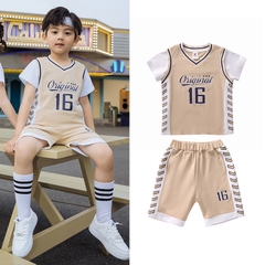 Bộ đồ thể thao bóng rổ cotton ngắn tay cổ chữ V cho bé trai