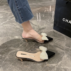 Giày cao gót nữ kiểu bít mũi có nơ đính ngọc trai mẫu mới