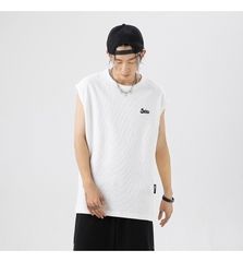 Áo thun unisex không tay thêu hình, vải waffle ghi lê kiểu mới
