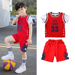 Bộ đồ thể thao bóng rổ cotton ngắn tay cổ chữ V cho bé trai